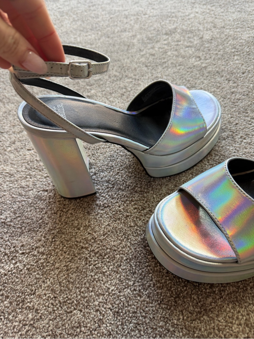 wild fable Iridescent Silver Metallic Holographic Platform Heel Sandals Y2K - Picture 10 of 13